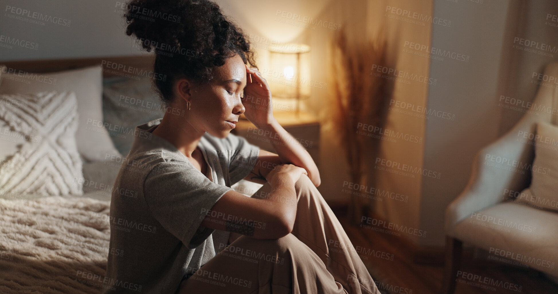 Buy stock photo Headache, woman and sad for thinking in bedroom of insomnia, depression and remember memory of trauma. Tired, girl and migraine crisis for lonely morning, broken heart and anxiety reflection at house