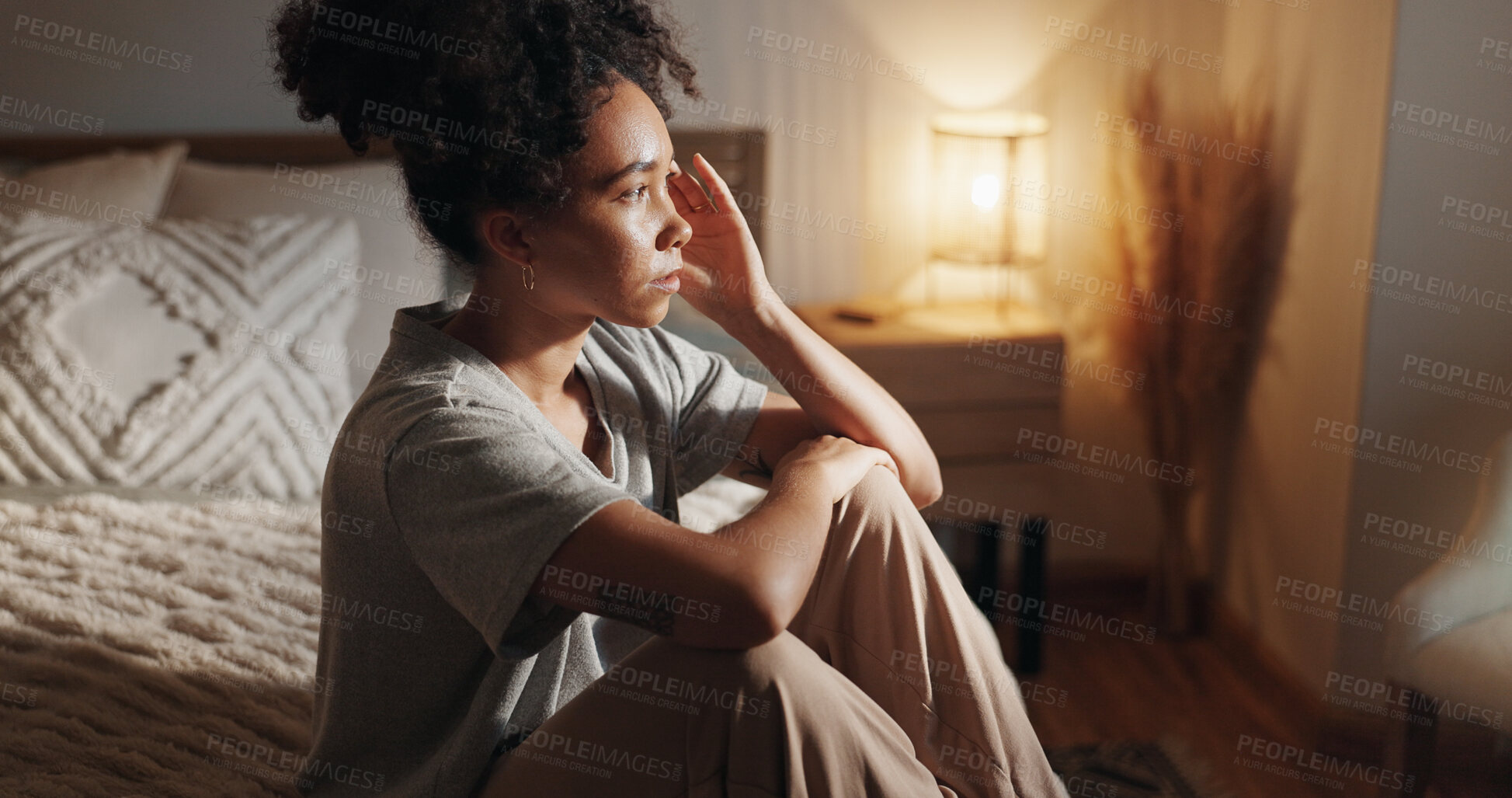 Buy stock photo Sad, woman and relax with thinking in bedroom of insomnia, depression and remember memory of trauma anxiety. Tired, girl and lonely morning for broken heart, reflection and psychology crisis at house