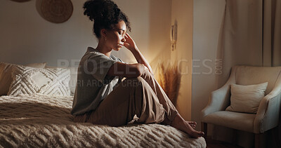 Buy stock photo Headache, girl and sad for thinking in bedroom of insomnia, depression and remember memory of trauma. Tired, woman and migraine crisis for lonely morning, broken heart and anxiety reflection at house