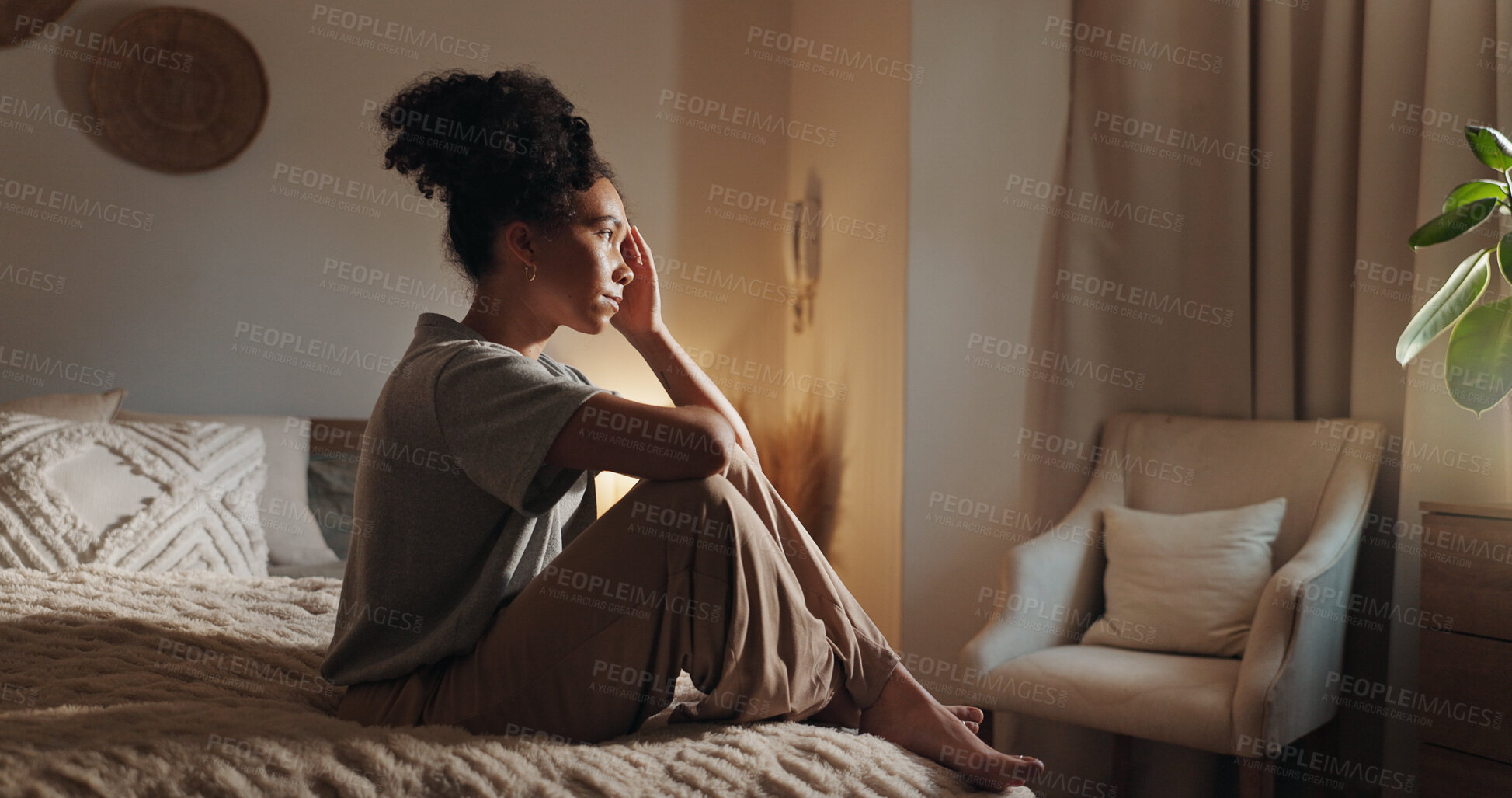 Buy stock photo Thinking, girl and sad for stress in bedroom of insomnia, depression and remember memory of trauma anxiety. Tired, woman and lonely morning for broken heart, reflection and psychology crisis at house