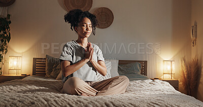 Buy stock photo Woman, namaste and yoga in home for meditation, mindfulness and holistic health on bed with peace. Female person, calm and relax in apartment for zen, chakra and healthy mind with wellness exercise