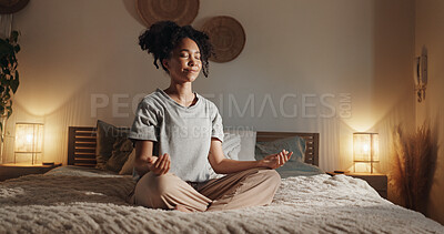 Buy stock photo Woman, fitness and yoga in home for meditation, mindfulness and holistic health on bed with peace. Female person, calm and relax in apartment for zen, chakra and healthy mind with wellness exercise