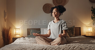 Buy stock photo Woman, meditation and yoga in home for mindfulness, fitness and holistic health on bed with peace. Female person, calm and relax in apartment for zen, chakra and healthy mind with wellness exercise