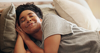 Buy stock photo Woman, sleeping and dream in bedroom for peace, comfortable morning and relax on mattress in home. Female person, nap and resting in linen on weekend for stress relief, wellness and pillow for calm