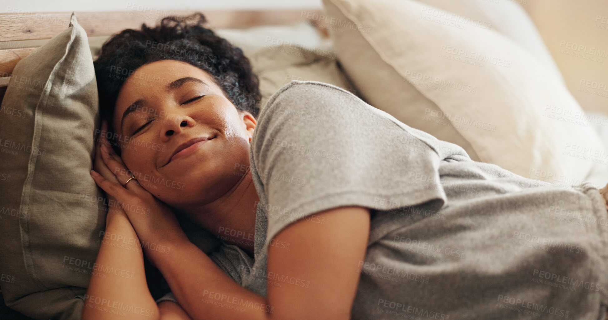 Buy stock photo Woman, sleeping and dream in bedroom for peace, comfortable morning and relax on mattress in home. Female person, nap and resting in linen on weekend for stress relief, wellness and pillow for calm