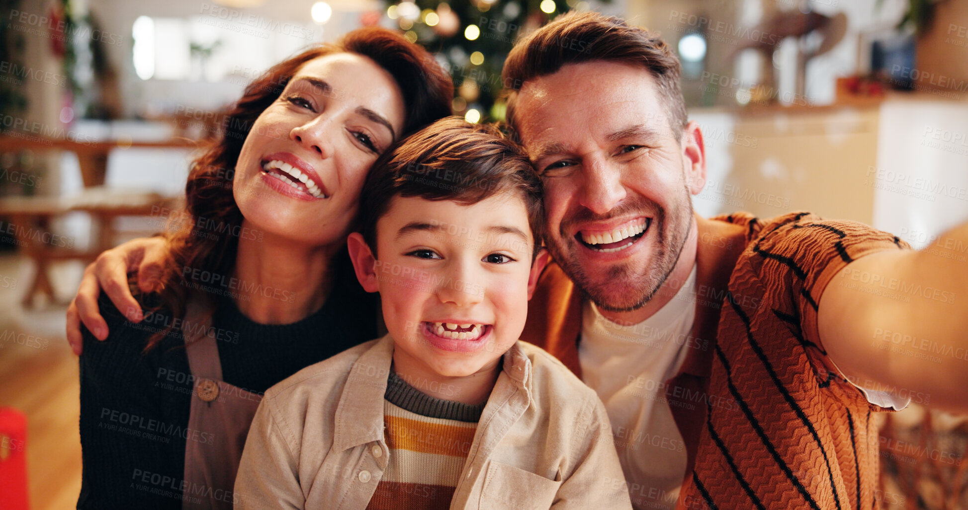 Buy stock photo Family, portrait and selfie in home for Christmas, celebration and social media with holiday and hug. Parents, boy and happy people in living room for memory, profile picture or vacation with embrace