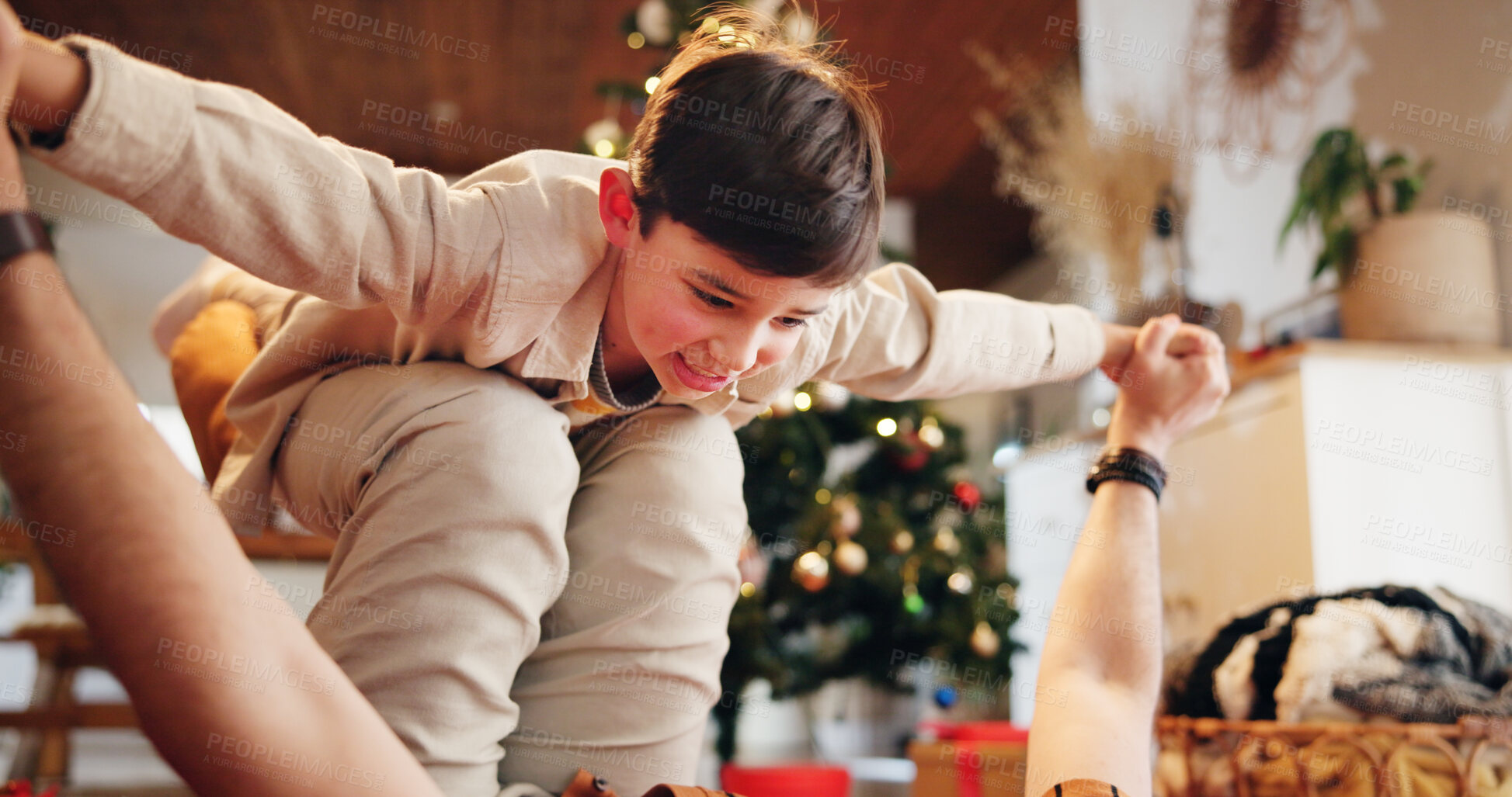 Buy stock photo Father, boy and airplane in home for playing, Christmas and bonding with holiday and celebration. Dad, son and happy people in living room for childhood fun, support and vacation with flying as plane