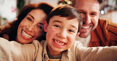 Buy stock photo Family, relax and selfie in home for Christmas, celebration and social media with holiday and hug. Parents, boy and happy people in living room for memory, profile picture and vacation with embrace