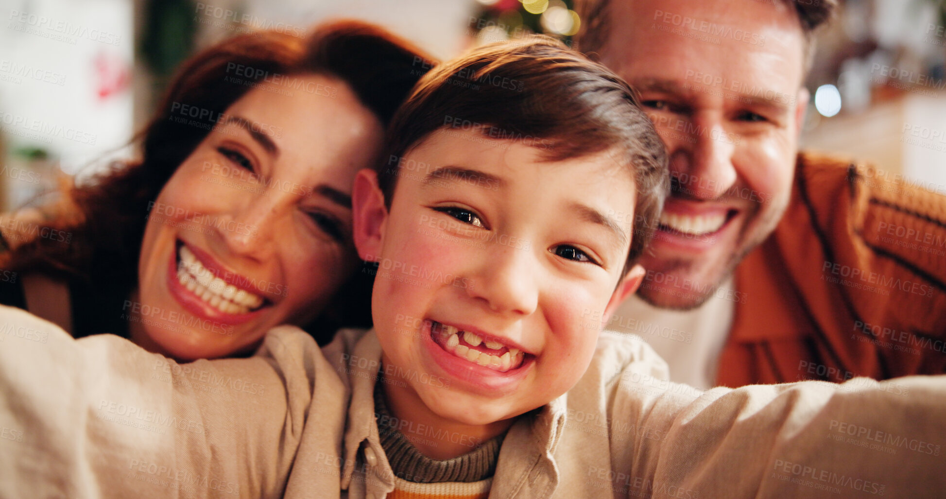 Buy stock photo Family, relax and selfie in home for Christmas, celebration and social media with holiday and hug. Parents, boy and happy people in living room for memory, profile picture and vacation with embrace