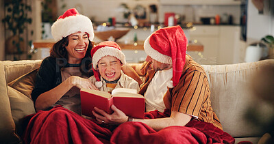 Buy stock photo Christmas, family and laugh on sofa with book, funny storytelling and joking together. Parents, child and happy in home with novel, reading humor and excited at festive season with comedy on couch