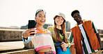 City, group and friends with smile for selfie, summer memory and profile picture for social media. Bridge, women and man with photography for gen z fashion, bonding together and connection outdoor