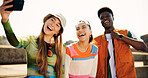 City, people and friends with laughing for selfie, summer memory and profile picture for social media. Urban bridge, women and man with photography for gen z fashion, funny joke and bonding outdoor