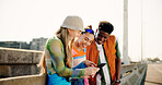 City, people and friends with smartphone for streaming, online meme or digital video for social media. Bridge, women and man with laugh for mobile app, connection or funny comment for reading outdoor