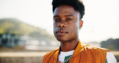 Buy stock photo City, black man and portrait with pride for fashion, streetwear and confidence for cool clothes by space. Urban bridge, male person and serious with positive attitude for hipster, trendy and gen z