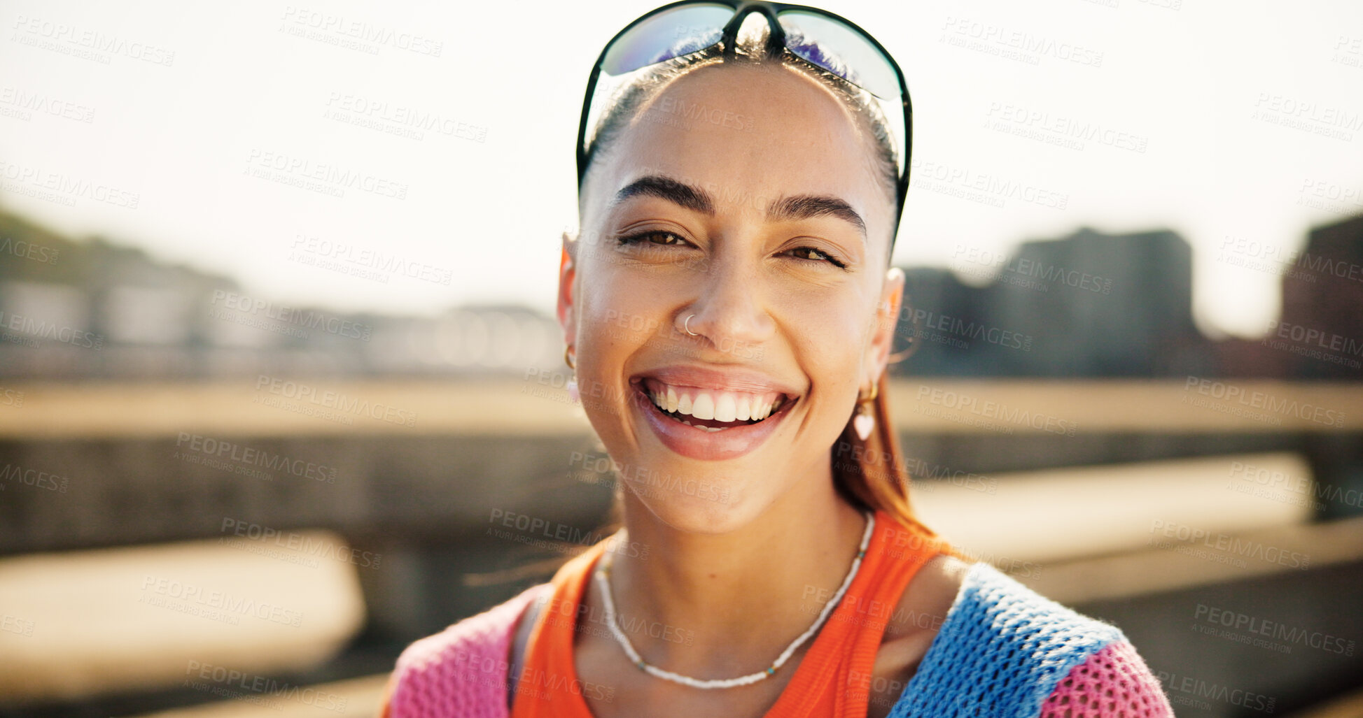 Buy stock photo City, woman and portrait with laughing for fashion, streetwear and confidence for cool clothes with smile. Urban bridge, female person or cheerful with positive attitude for hipster, trendy and gen z