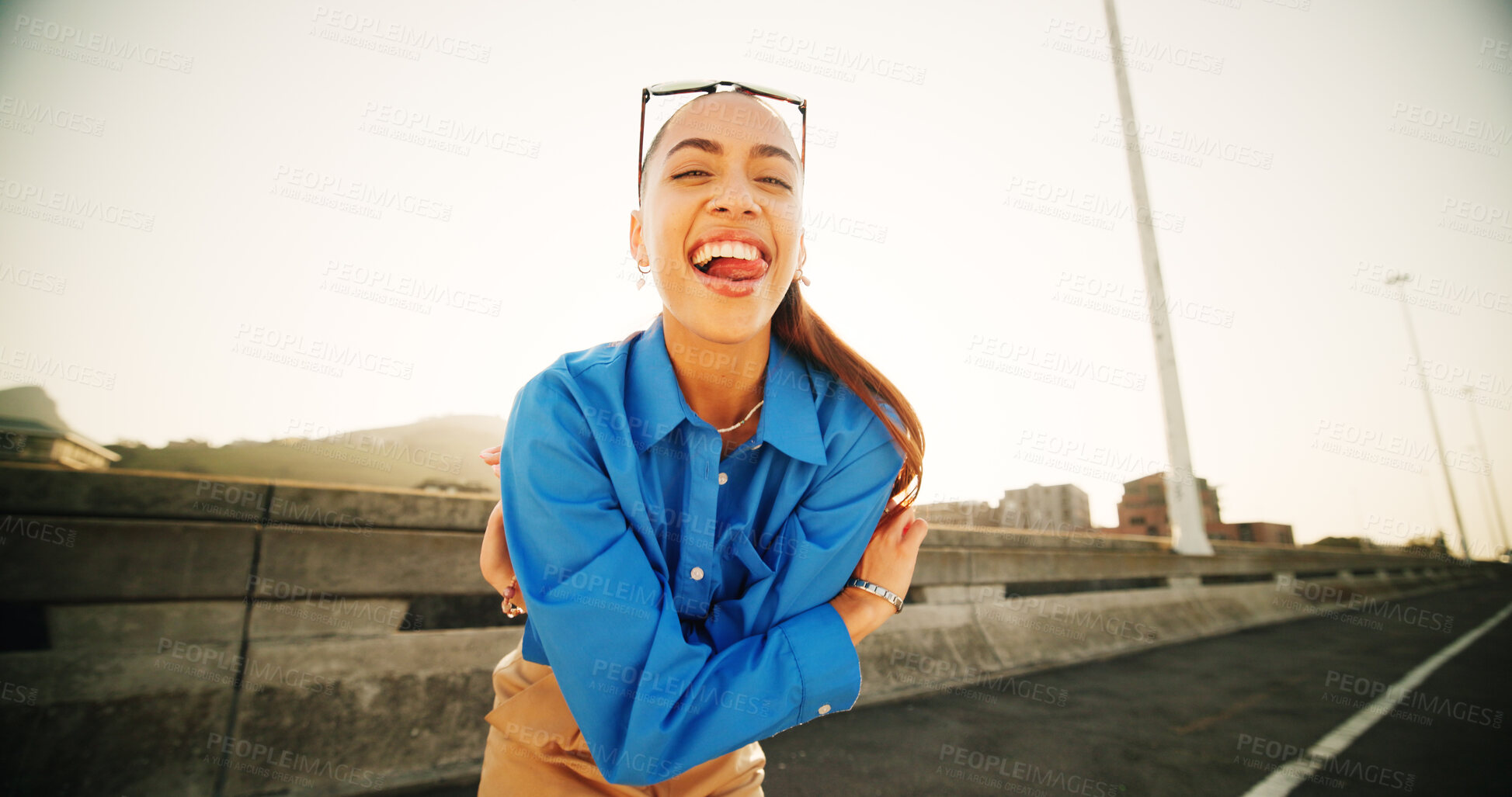 Buy stock photo City, gen z or portrait of happy woman for fashion, streetwear or confidence for cool clothes. Urban bridge, proud female person or edgy girl on holiday with unique style for attitude, trendy or swag