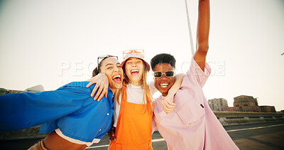 Buy stock photo City, fashion and group of people with portrait, diversity and cool streetwear on bridge at sunset. Confidence, excited and gen z friends with urban style, culture and bonding in street together.