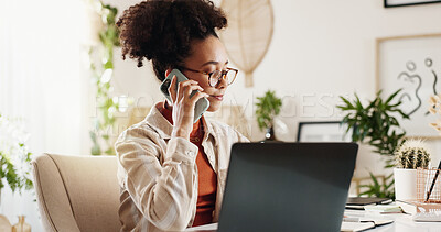 Buy stock photo Laptop, phone call and woman at desk in home office for communication, online schedule or networking. Remote work, smartphone and consultant with contact, conversation or freelance business planning