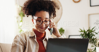 Buy stock photo Laptop, phone call and woman with smile in home office for communication, online schedule or networking. Remote work, smartphone and happy consultant with contact, conversation and freelance business