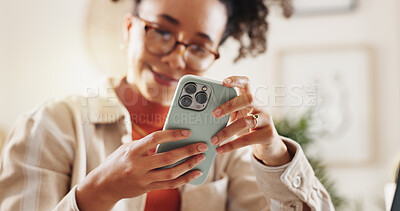 Buy stock photo Phone, scroll and hands of woman in home office for connection, networking or online chat. Smartphone, remote work or girl on mobile app for business schedule, contact or freelance project management