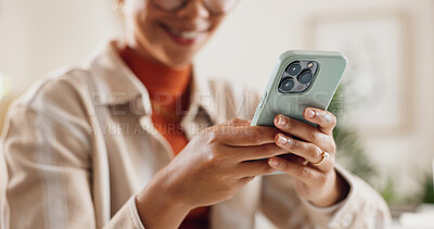 Buy stock photo Phone, search and hands of woman in home office for connection, networking or online chat. Smartphone, remote work or girl on mobile app for business schedule, contact or freelance project management