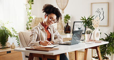 Buy stock photo Remote work, woman or writing in book for schedule, creativity or calendar update at laptop. Journalist, planning or tech in home office for article mindmap, brainstorming or research for development