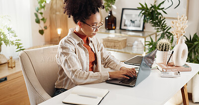 Buy stock photo Remote work, woman and typing on laptop for research, creativity or email communication. Journalist, editing or computer in home for article writing, blog review or story copywriting for productivity