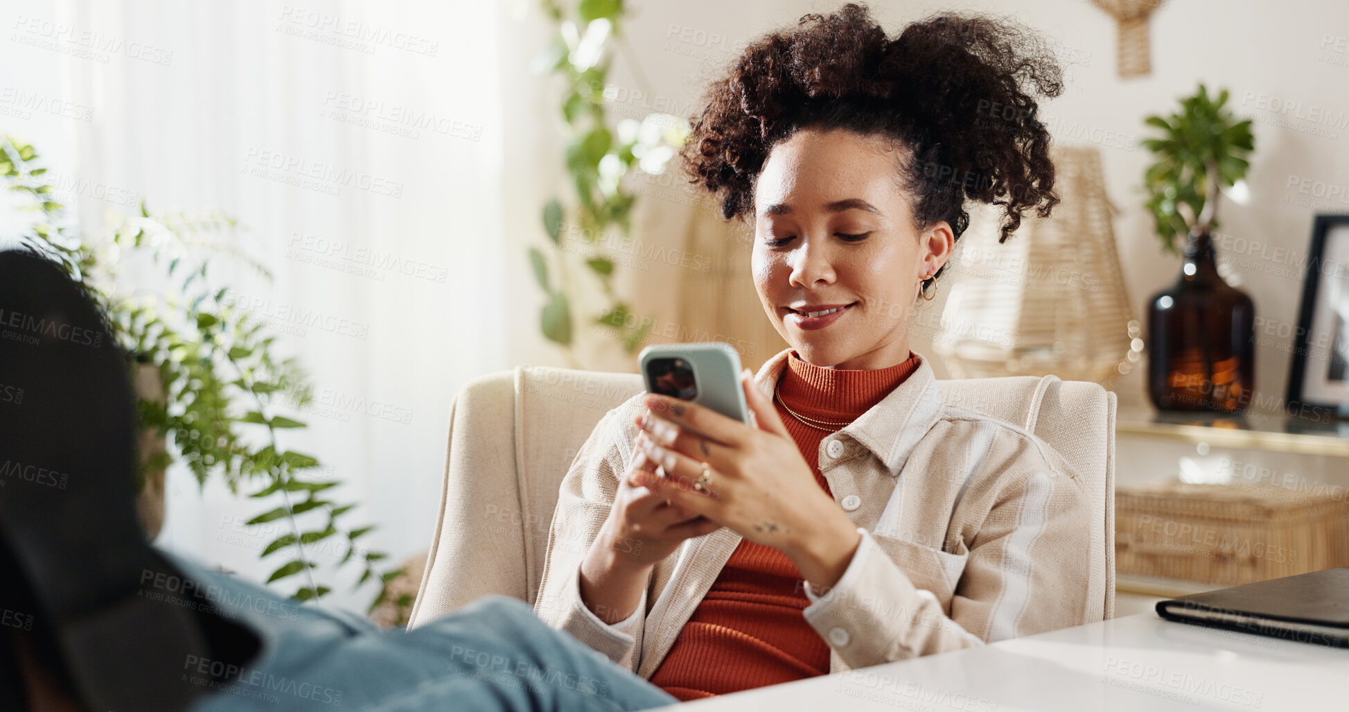 Buy stock photo Remote work, relax and happy woman at desk with phone for connection, search or online chat. Smartphone, home office and consultant with mobile app, business schedule or contact for freelance project