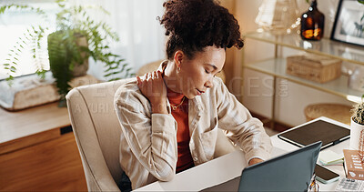 Buy stock photo Stress, fatigue and woman in office with neck pain, exhausted and business burnout with laptop. Overworked, frustrated and tired businesswoman at desk with muscle injury, shoulder ache and massage