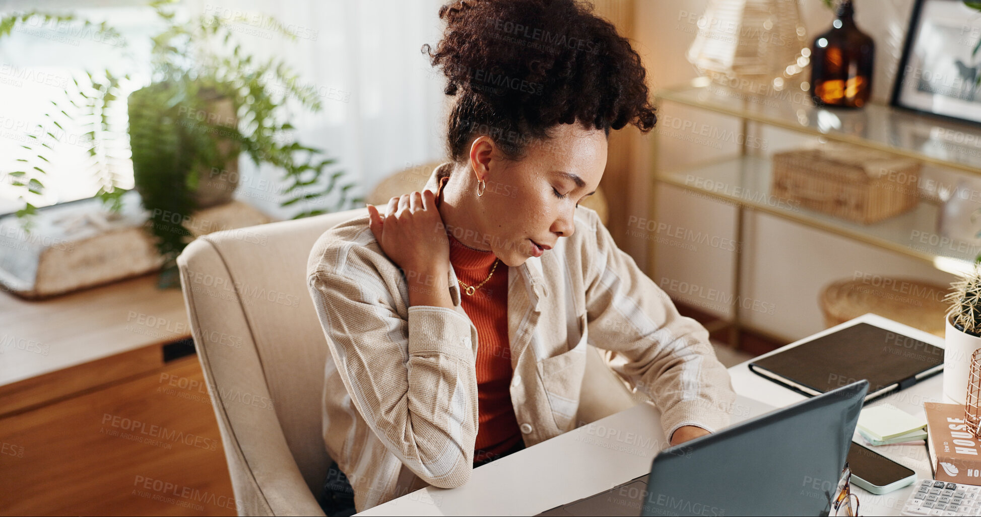 Buy stock photo Stress, fatigue and woman in office with neck pain, exhausted and business burnout with laptop. Overworked, frustrated and tired businesswoman at desk with muscle injury, shoulder ache and massage