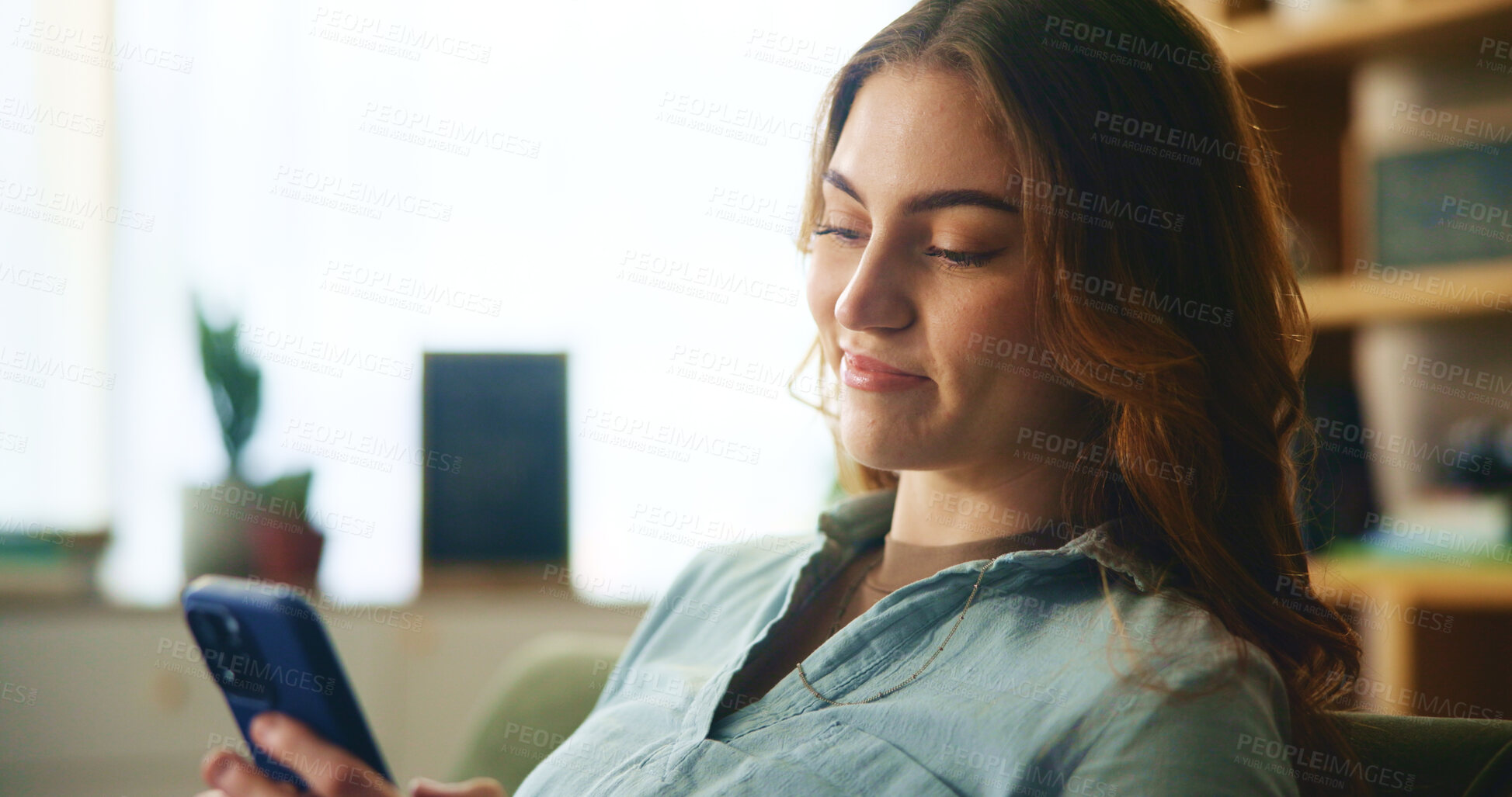 Buy stock photo House, relax and woman with phone in living room for online communication, network and reading text. Internet, connection and female person with technology at home for notification of social media