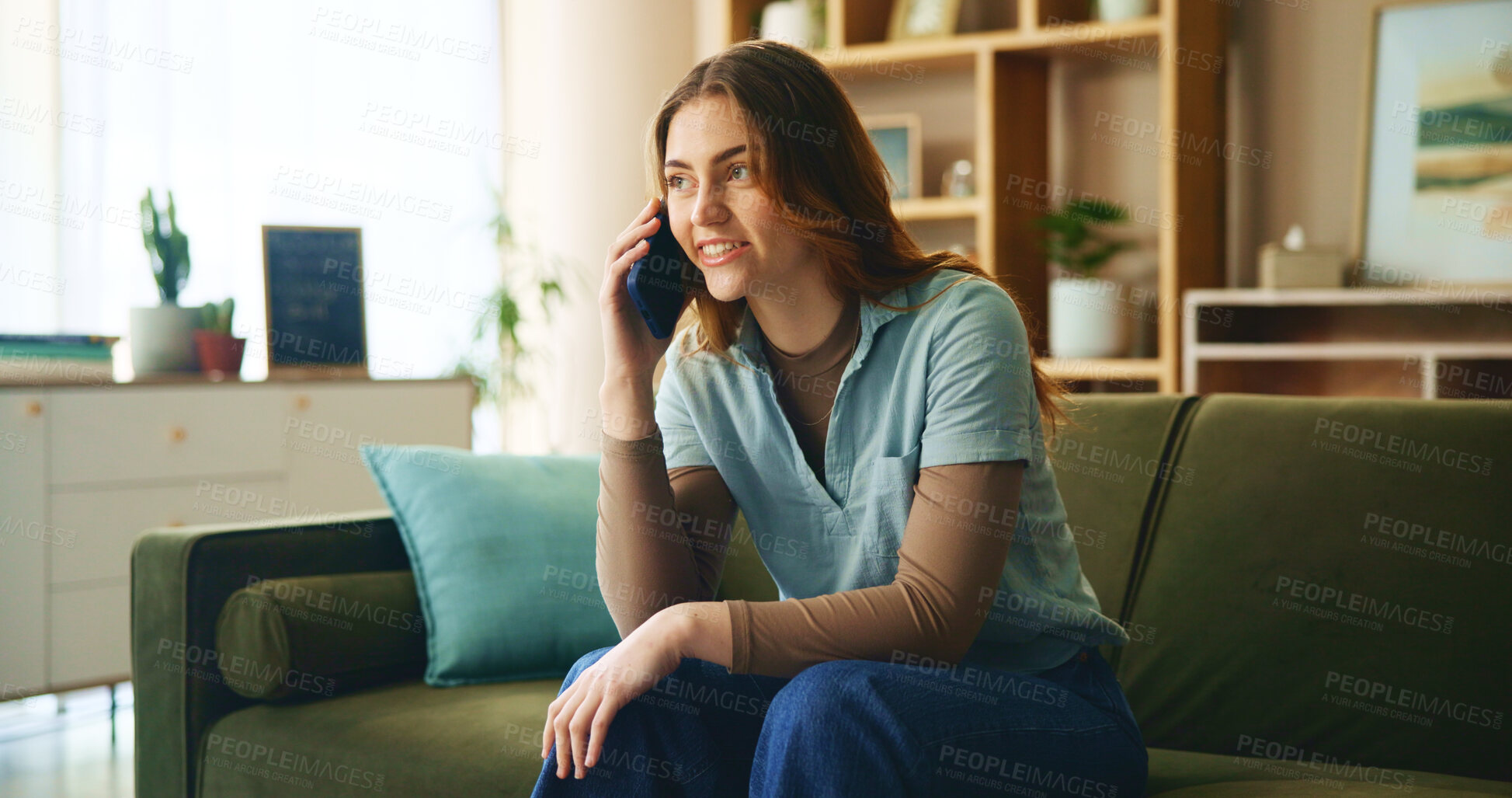 Buy stock photo House, phone call and woman on sofa, smile and relax with discussion, talking and mobile user. Apartment, happy person and girl with smartphone, connection and chatting to contact and communication