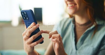 Buy stock photo Hands, girl and smile with phone at house for loan approval, communication and bank application. Happy, woman and reading with mobile for social media, connection and investment update of mortgage