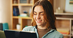 Laptop, smile and woman on sofa with online course, research or streaming website in home. Elearning, relax and happy student girl on couch with computer, connection or virtual education in apartment