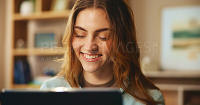 Buy stock photo Tablet, smile and woman on couch with streaming, search or watching video website in living room. Social media, relax and happy girl on sofa with digital app, virtual connection or fun meme in home