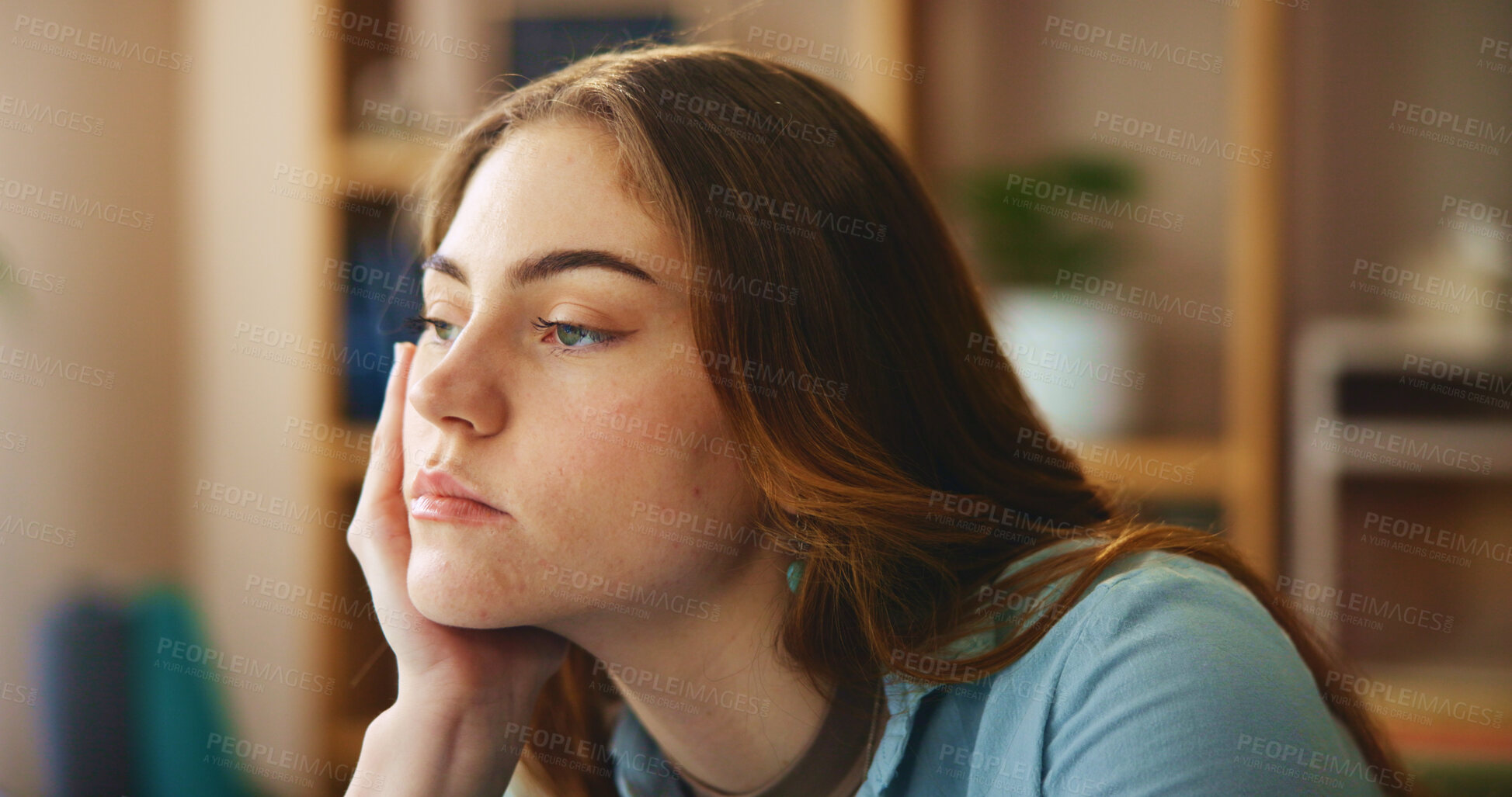 Buy stock photo Home, thinking and woman on sofa, sad and decision with depression, confused and mental health. Apartment, person and girl on couch, stress and doubt with planning, bored and lonely with anxiety