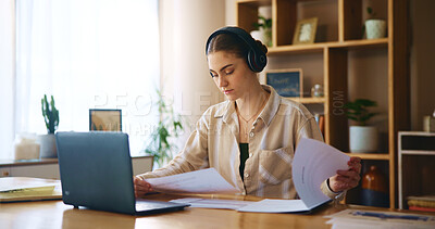 Buy stock photo Remote work from home, documents and woman with headphones, listening to music and laptop. Person, freelancer and entrepreneur with pc, headset and online reading for project, paperwork or connection
