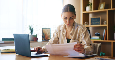 Buy stock photo Woman, reading and document with laptop at house for loan approval, bank application and budget planning. Girl, online taxes and review paperwork for mortgage, financial invoice and investment letter