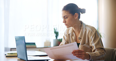 Buy stock photo Girl, reading and laptop with document at house for loan approval, bank application and budget planning. Woman, online taxes and review paperwork for mortgage, financial invoice and investment report