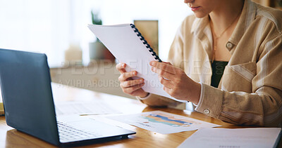 Buy stock photo Hands, woman and paperwork with laptop at house for loan approval, bank application and budget planning. Girl, reading and documents of mortgage information, financial invoice and investment schedule