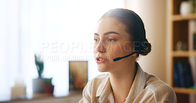 Buy stock photo Call center, face and remote work with woman agent in home office for consulting or telemarketing. Communication, customer service and headset with lead generation employee in apartment for help