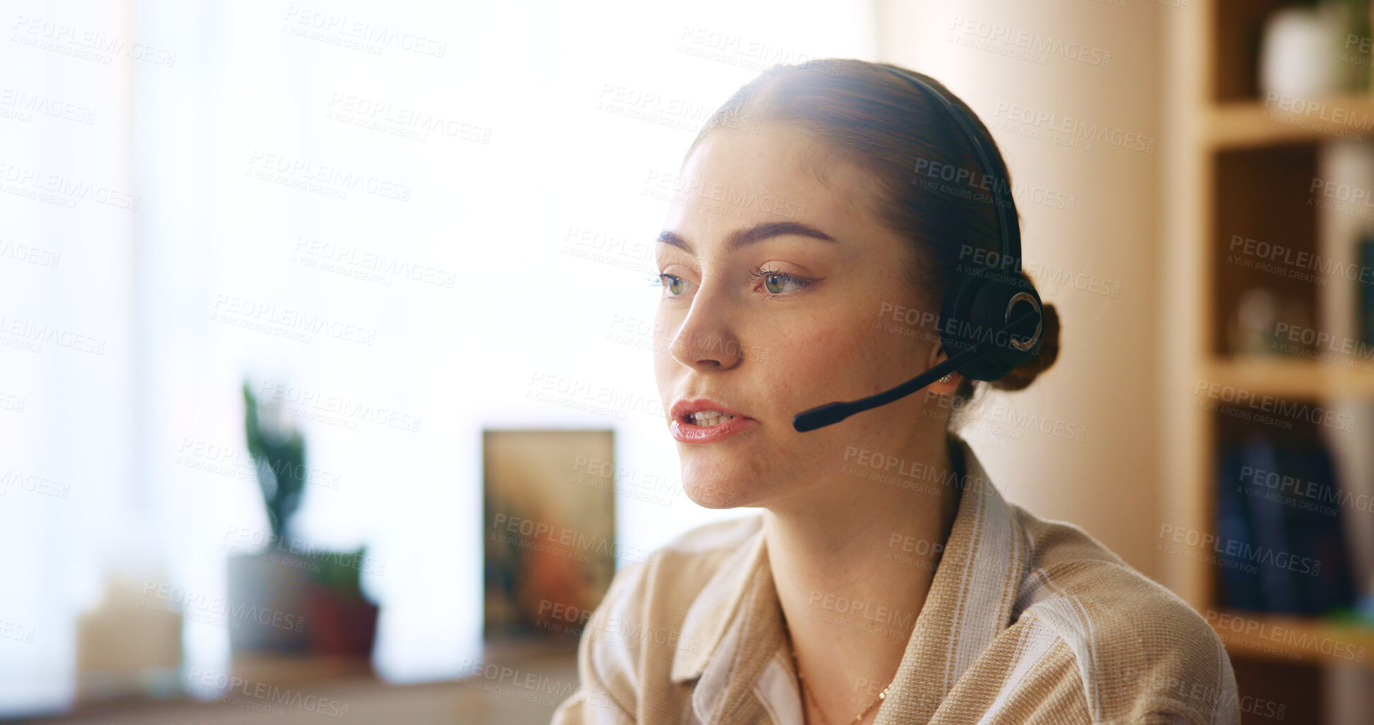 Buy stock photo Call center, face and remote work with woman agent in home office for consulting or telemarketing. Communication, customer service and headset with lead generation employee in apartment for help