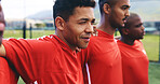 Football team, man and listening to national anthem for match, game or competition. Group, sports and soccer players together for support, solidarity or thinking at fitness field outdoor for training