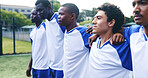 Soccer team, men and listening to national anthem for match, game and competition. African group, football and players together for support, solidarity and pride at fitness field outdoor for sports