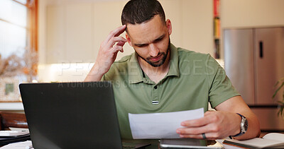 Buy stock photo Home, man and stressed with document on laptop for tax, invoice and bank statement with financial problems. Male person, house and worried with paperwork for inflation, loan and interest rate