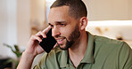 Home, phone call and happy man talking to contact for communication, advice or information update. Mobile, conversation and person in living room for connection, story or listen to news for feedback