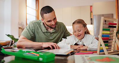 Buy stock photo Teaching, reading and homework with father and child for education, support and school project. Learning, knowledge and achievement with man and girl in family home for academic tutor and studying