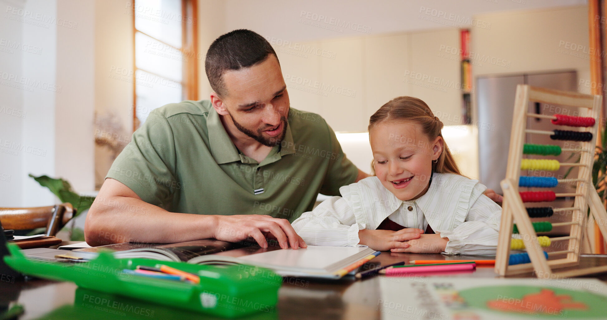 Buy stock photo Teaching, reading and homework with father and child for education, support and school project. Learning, knowledge and achievement with man and girl in family home for academic tutor and studying