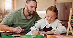 Teaching, writing and homework with father and child for education, support and school project. Learning, knowledge and achievement with man and girl in family home for academic tutor and studying
