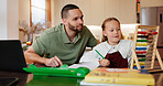 Homework, father and girl with abacus, help and education with elearning, support and learning. Development, happy family and parent with dad, daughter or computer for studying, knowledge or counting